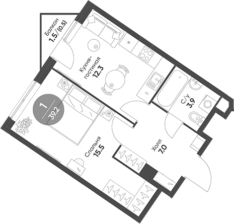Планировка — Sokolinn Park, 1-комн., 39 м²
