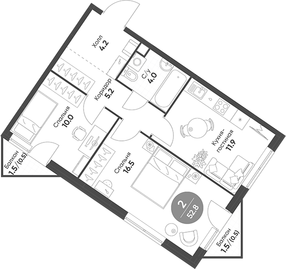 Планировка — Sokolinn Park, 2-комн., 52 м²