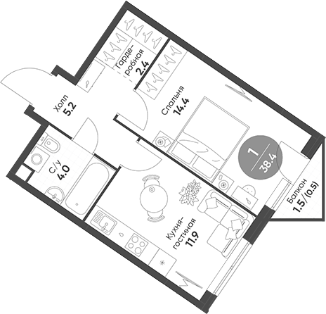 Планировка — Sokolinn Park, 1-комн., 38 м²