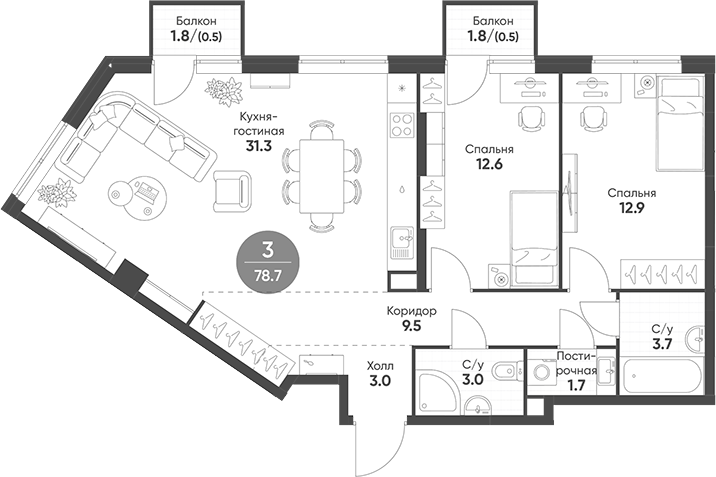 Планировка — Sokolinn Park, 3-комн., 78 м²