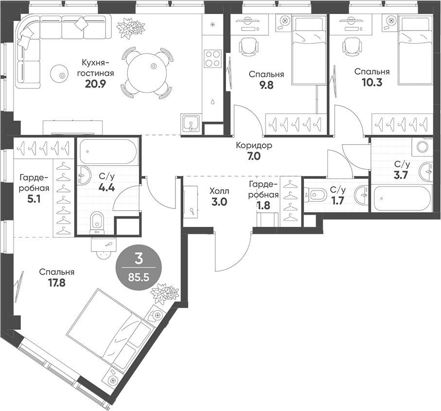 Планировка — Sokolinn Park, 4-комн., 86 м²