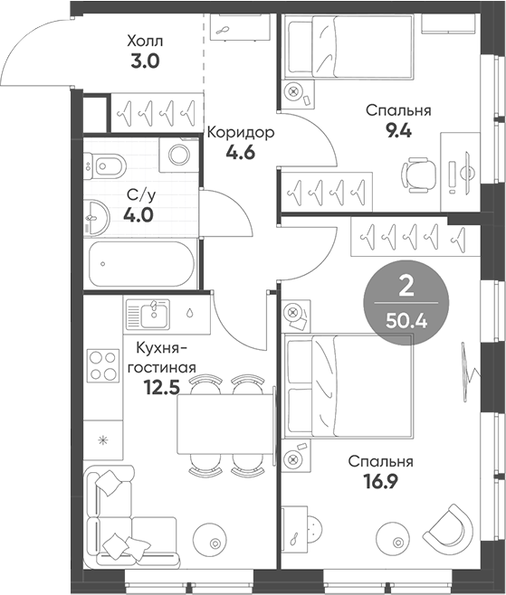 Планировка — Sokolinn Park, 2-комн., 50 м²