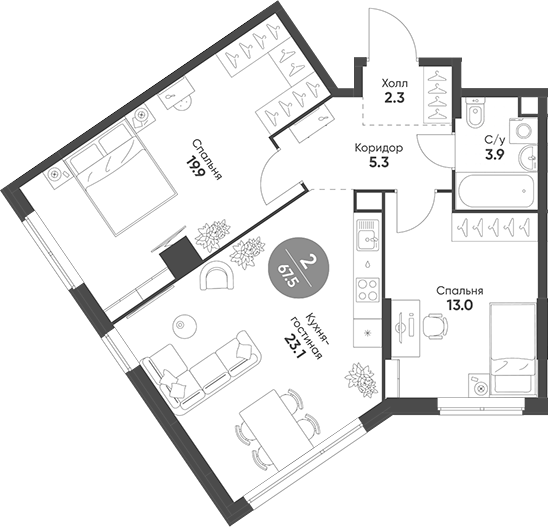 Планировка — Sokolinn Park, 3-комн., 68 м²