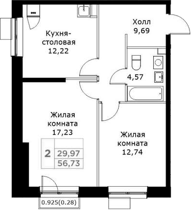 Планировка — КИТ, 2-комн., 56 м²