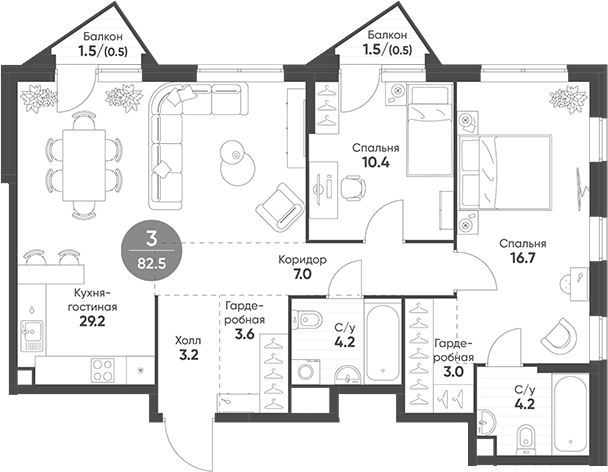 Планировка — Sokolinn Park, 3-комн., 82 м²