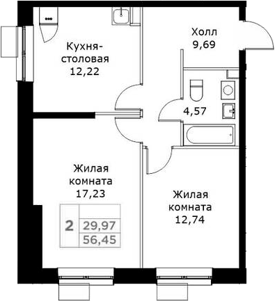 Планировка — КИТ, 2-комн., 56 м²