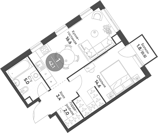 Планировка — Sokolinn Park, 2-комн., 42 м²