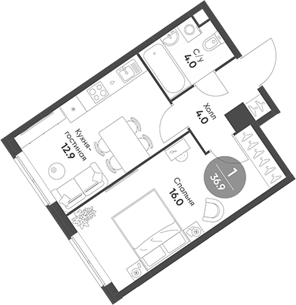 Планировка — Sokolinn Park, 1-комн., 37 м²