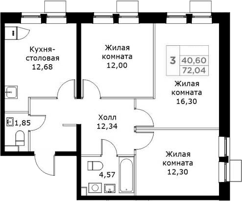 Планировка — КИТ, 3-комн., 72 м²