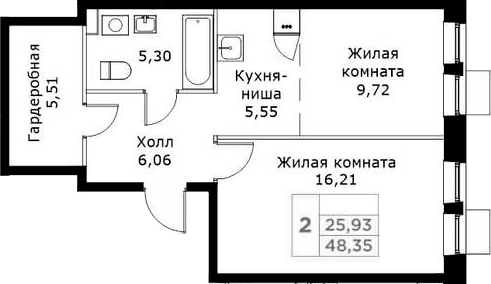 Планировка — КИТ, 2-комн., 48 м²