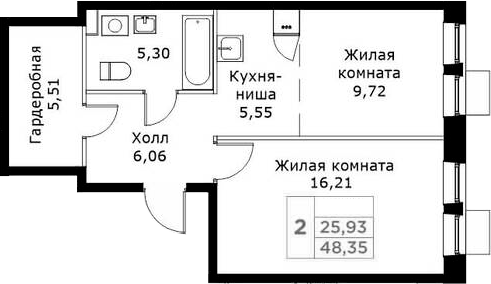 Планировка — КИТ, 2-комн., 48 м²