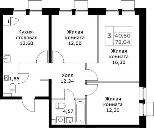 Планировка — КИТ, 3-комн., 72 м²