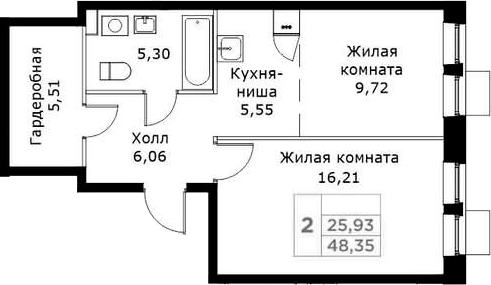 Планировка — КИТ, 2-комн., 48 м²