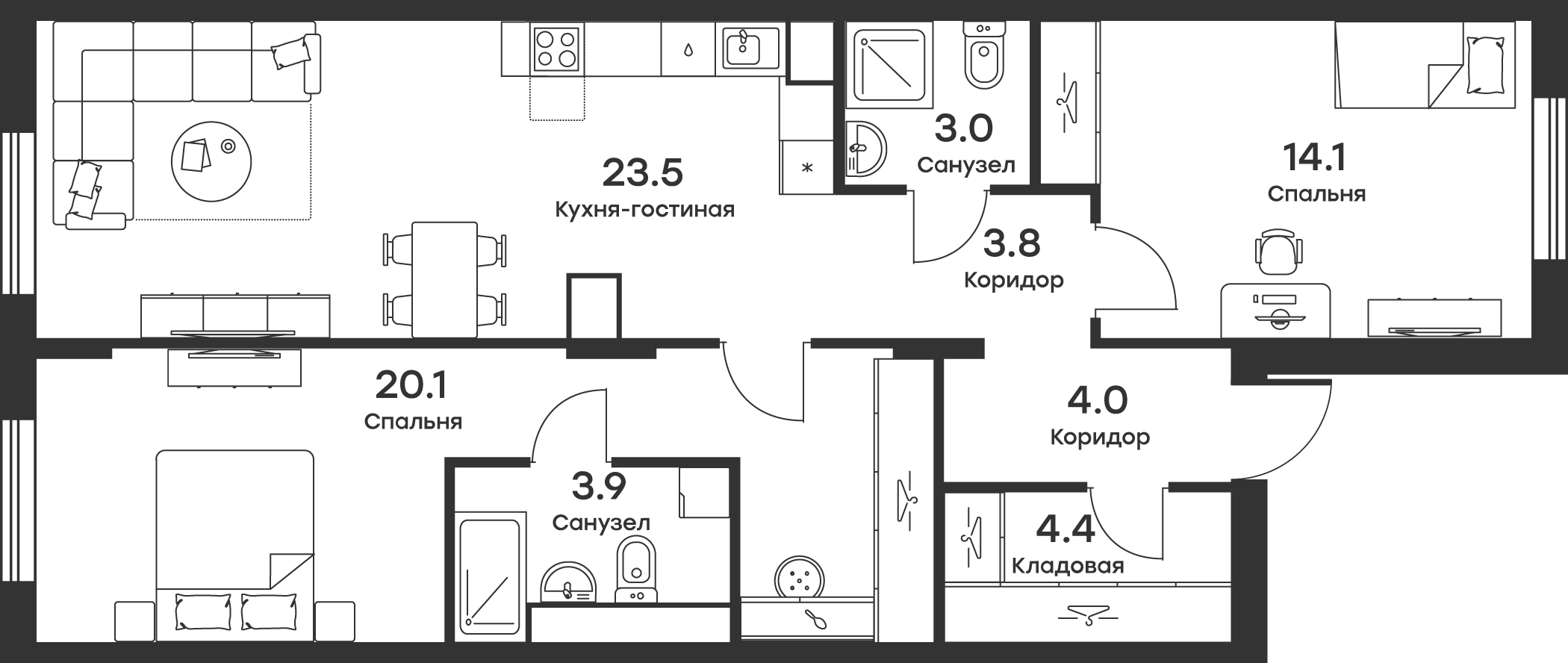 Планировка — Равновесие, 3-комн., 77 м²