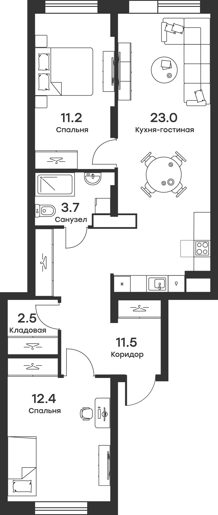 Планировка — Равновесие, 3-комн., 64 м²
