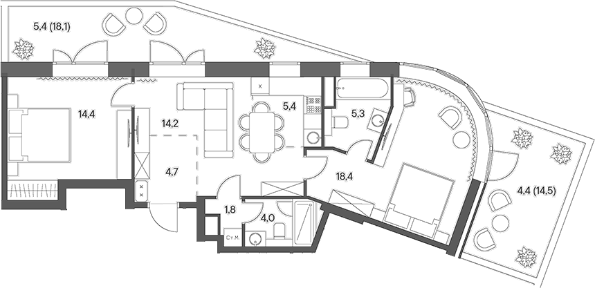 Планировка — Родина Переделкино, 3-комн., 68 м²