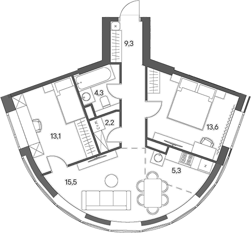 Планировка — Родина Переделкино, 3-комн., 63 м²