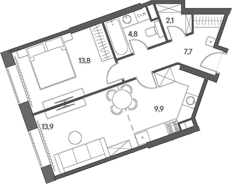 Планировка — Родина Переделкино, 2-комн., 52 м²