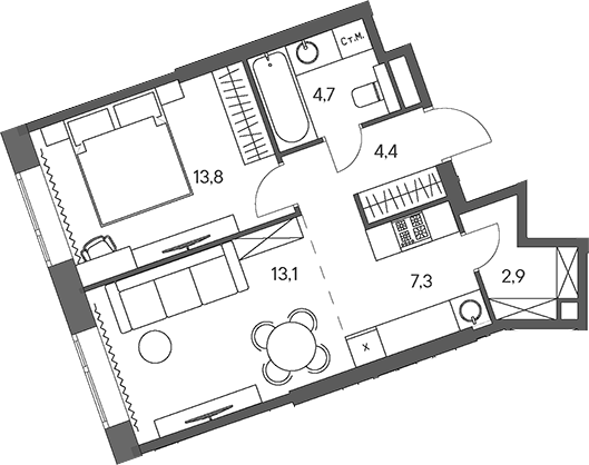 Планировка — Родина Переделкино, 2-комн., 46 м²