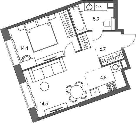 Планировка — Родина Переделкино, 2-комн., 46 м²