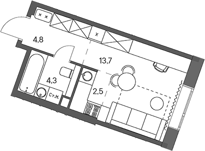 Планировка — Родина Переделкино, Студия, 25 м²