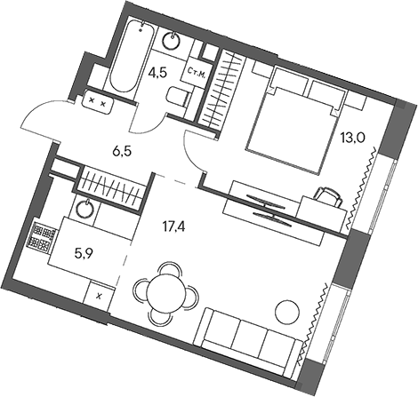 Планировка — Родина Переделкино, 2-комн., 47 м²