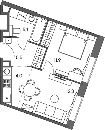 Планировка — Родина Переделкино, 2-комн., 39 м²