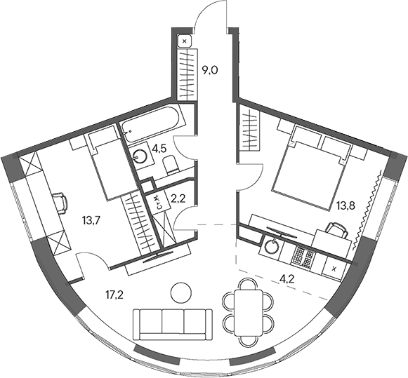 Планировка — Родина Переделкино, 3-комн., 65 м²