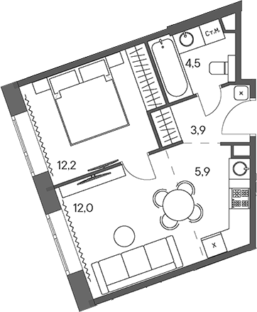Планировка — Родина Переделкино, 2-комн., 39 м²