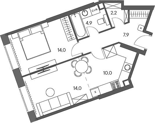 Планировка — Родина Переделкино, 2-комн., 53 м²