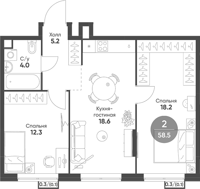 Планировка — Sokolinn Park, 3-комн., 58 м²