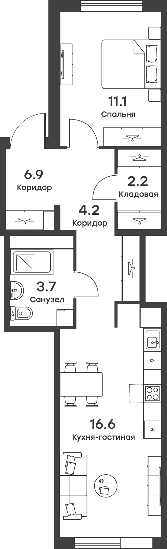 Планировка — Равновесие, 2-комн., 44 м²