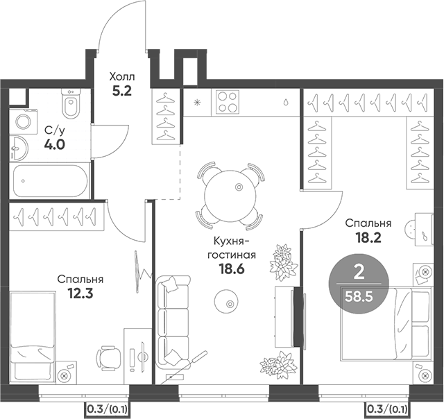 Планировка — Sokolinn Park, 3-комн., 58 м²