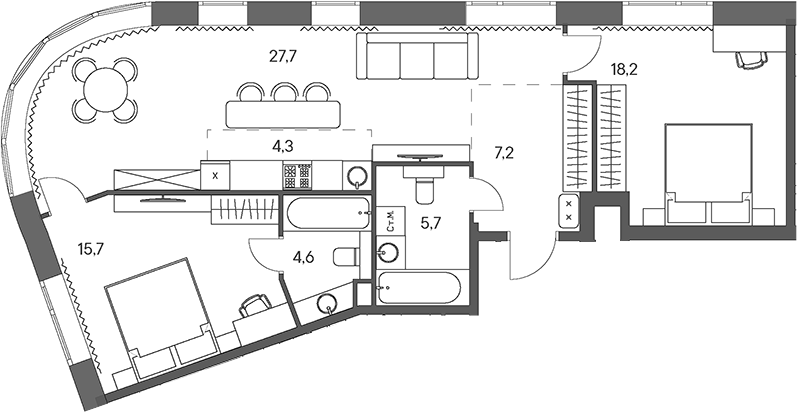Планировка — Родина Переделкино, 3-комн., 83 м²