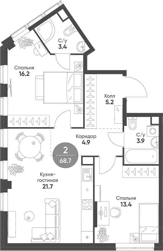 Планировка — Sokolinn Park, 3-комн., 69 м²