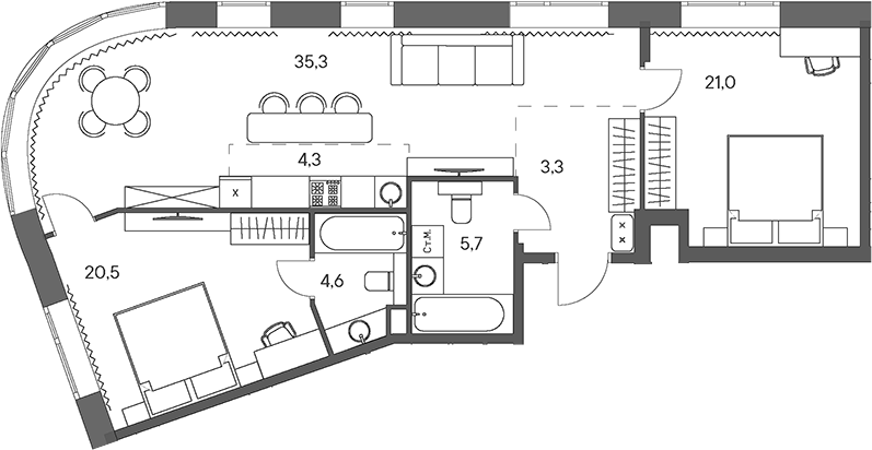 Планировка — Родина Переделкино, 3-комн., 95 м²