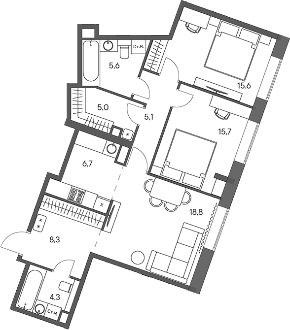 Планировка — Родина Переделкино, 3-комн., 85 м²