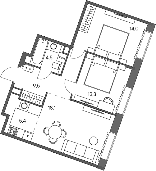 Планировка — Родина Переделкино, 3-комн., 65 м²