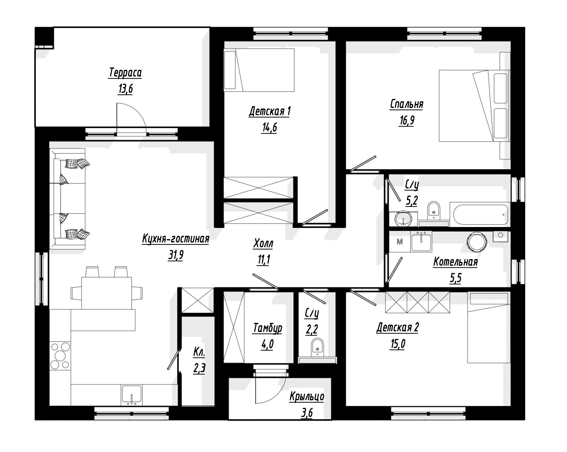 Планировка — Коттеджный поселок Сходня Country Club, 3-комн., 111 м²