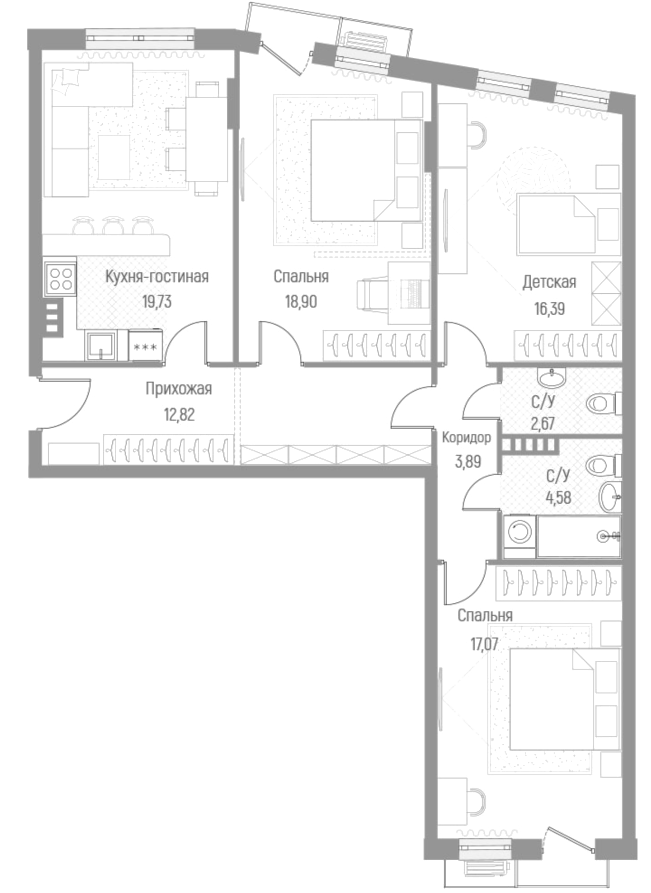 Планировка — Эльйон, 3-комн., 96 м²