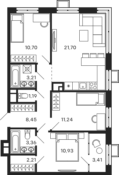 Планировка — Тетрис, 4-комн., 73 м²