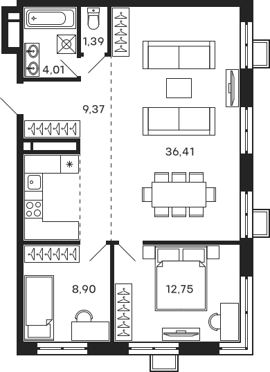 Планировка — Тетрис, 3-комн., 73 м²