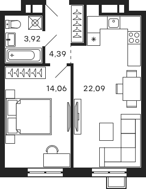 Планировка — Тетрис, 2-комн., 44 м²