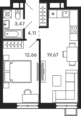 Планировка — Тетрис, 2-комн., 40 м²