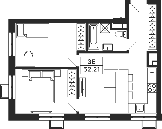 Планировка — Тетрис, 3-комн., 52 м²