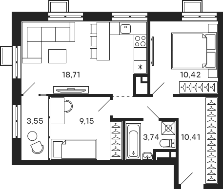 Планировка — Тетрис, 3-комн., 52 м²