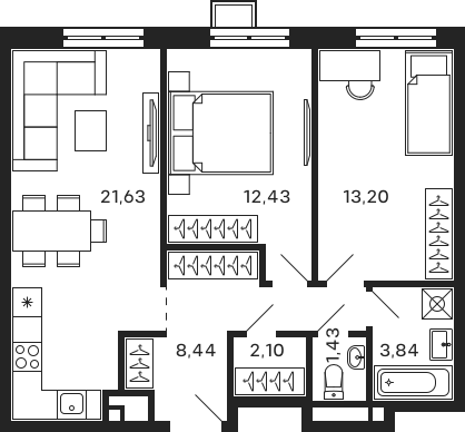 Планировка — Тетрис, 3-комн., 63 м²