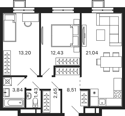 Планировка — Тетрис, 3-комн., 63 м²