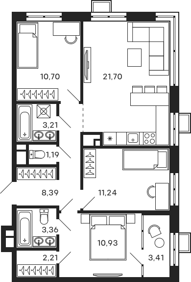 Планировка — Тетрис, 4-комн., 73 м²