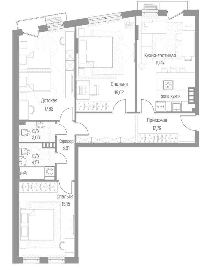 Планировка — Эльйон, 3-комн., 95 м²